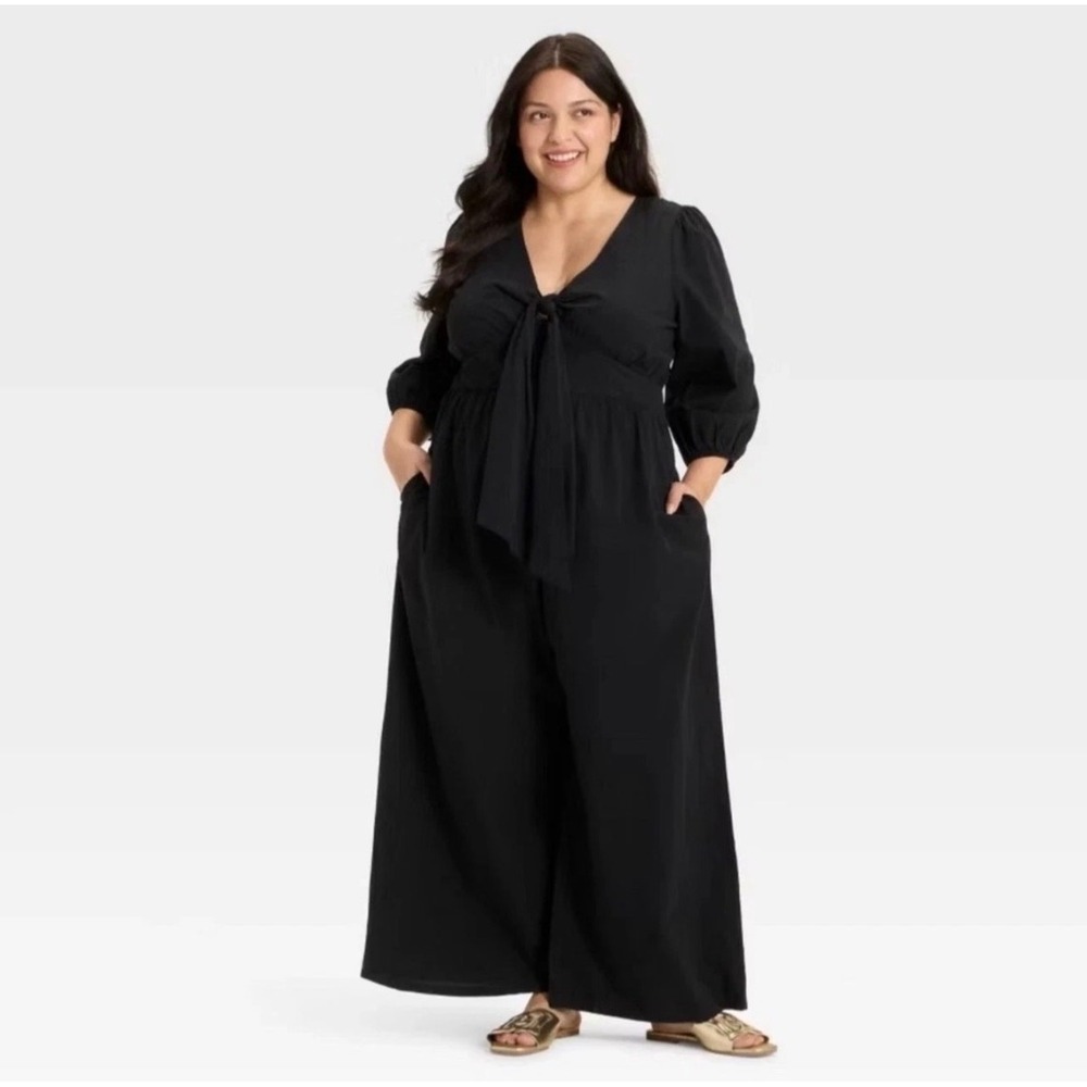 Ava & Viv Womens XXL Black Tie Front Puff Sleeve Wide Leg Jumpsuit 021 03 6374